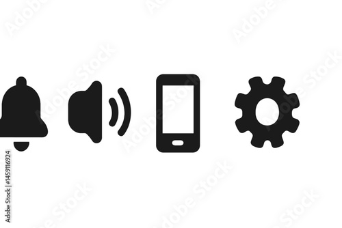 Icon set featuring a notification bell, sound speaker, smartphone, and settings gear in a modern vector style suitable for app design