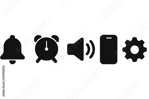 Vector illustration icon set featuring a bell, alarm clock, sound speaker, smartphone, and gear symbol for notifications and alerts