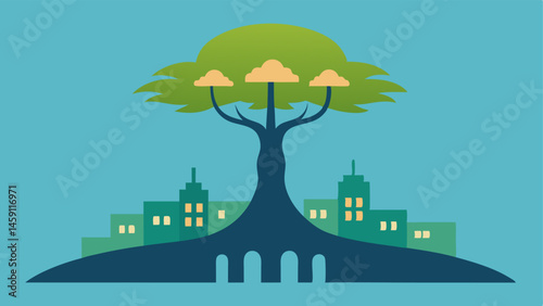 Shadow Story A simple vector illustration depicts a tree with robust roots and a simplistic trunk set against a light backdrop. The shadow cast by the tree extends outward