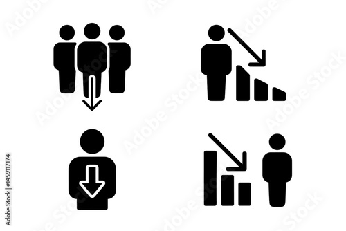Vector illustration of decreasing trends in groups and individuals in a simple icon style