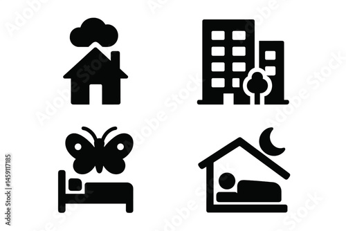 Vector illustration icon showcasing home, urban living, nature, and rest concept in a minimalist style