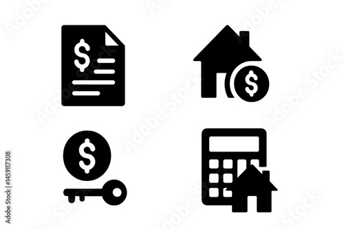Vector illustration icons depicting financial transactions related to real estate, housing, and budgeting activities