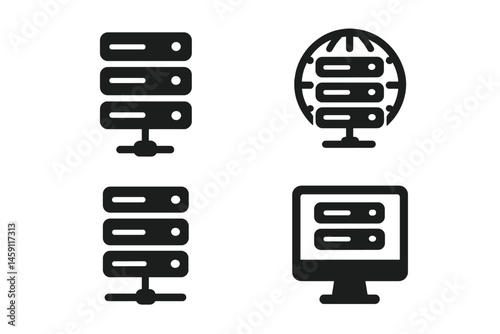 Vector illustration icon set featuring server racks and computer monitor with globe representing data storage and networking