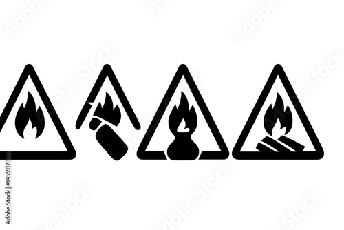 Vector illustration of fire safety icons indicating various fire hazards and precautions in a clear and informative style for public awareness