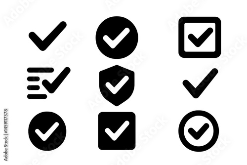 Vector illustration of various check mark icons in different styles representing approval and completion in diverse contexts