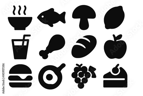 Food icons showcase diverse culinary elements including drinks, fruits, proteins, and baked goods in a modern vector style