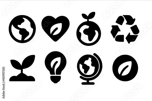 Eco-friendly vector illustration icons representing sustainability, nature, and environmental care in a modern design