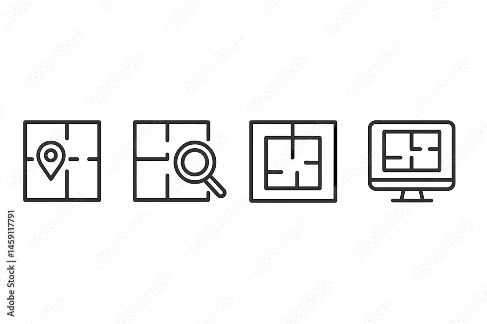 Vector illustration icons representing location, search, mapping, and navigation concepts for digital applications Vector illustration icons representing location, search, mapping, and navigation concepts for digital applications