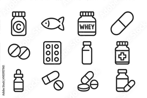 Health and wellness vector illustration featuring various supplements and vitamins in organized layout for fitness enthusiasts