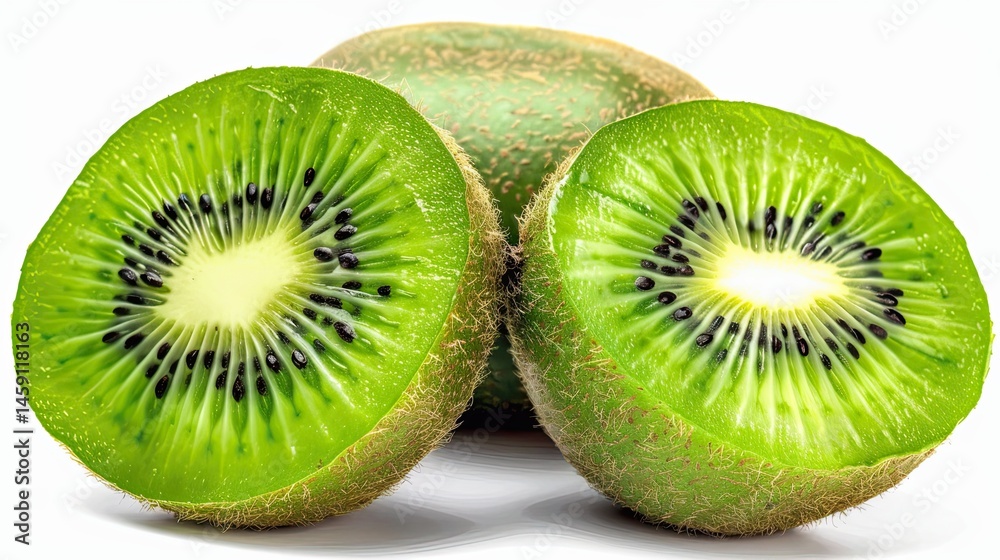 Fototapeta premium A close up shot of a kiwi fruit cut in half with another whole kiwi in the background on white