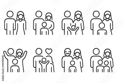 Vector illustration icons representing family interactions and emotional connections in various social situations