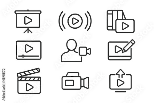 Vector illustration of multimedia icons representing video content creation and playback in a minimalist style
