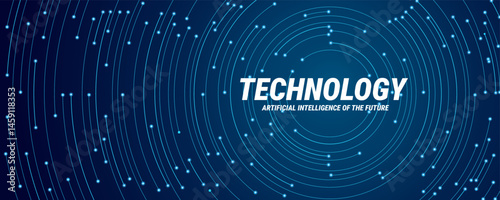 Circular circuit wires and lines in blue technology. Abstract technological background. Artificial intelligence and computer innovation as a backdrop. Futuristic digital big data banner