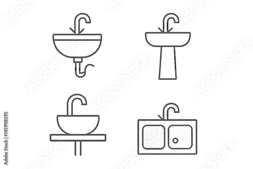 Vector illustration icons of various types of sinks and faucets suitable for kitchen and bathroom design applications