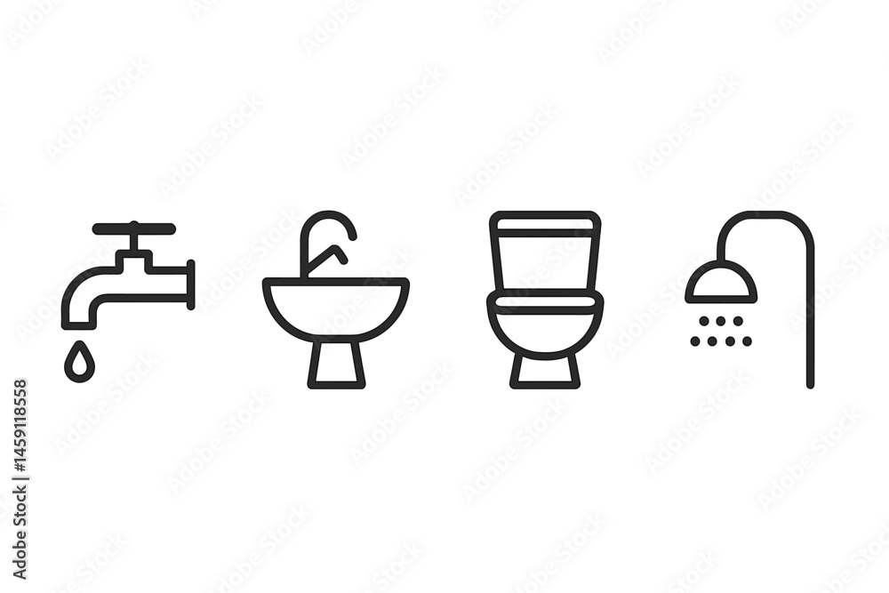 Vector illustration of bathroom fixtures including a faucet, sink, toilet, and shower, representing modern plumbing design trends Vector illustration of bathroom fixtures including a faucet, sink, toilet, and shower, representing modern plumbing design trends