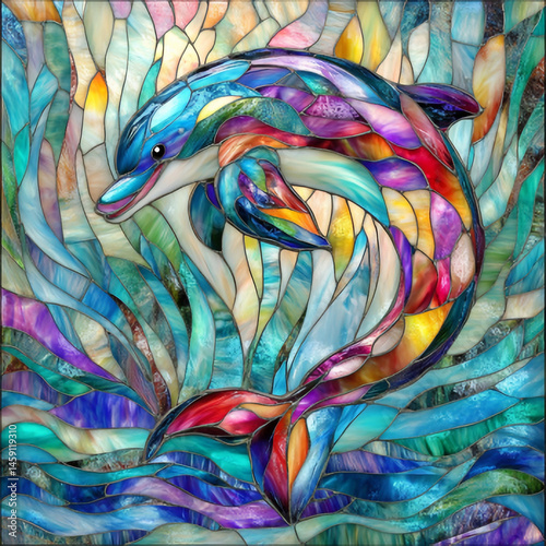 Dolphin Shines in Stained Glass Art, Colorful Aquatic Creature Design, Sea Life Theme