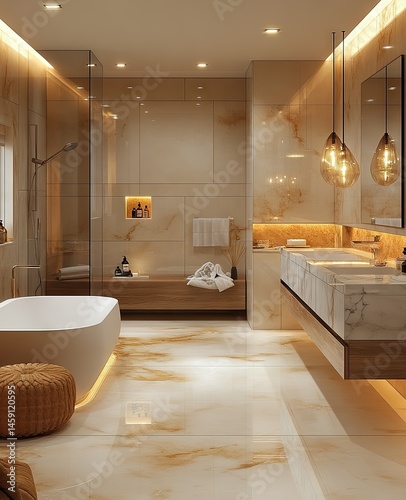 Luxurious modern bathroom with onyx tile, bathtub, and double vanity