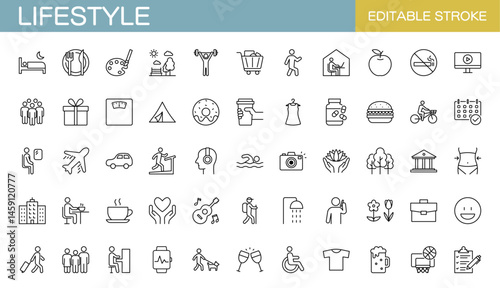 Lifestyle icon set. nutrition, diet, entertainment, personal development, daily routine, and more. Editable stroke. Vector illustration