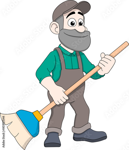 Old Male Worker Carrying a Broom Cartoon Vector
