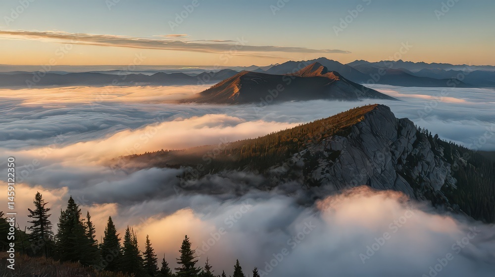 Obraz premium Aerial view of mountains piercing through a sea of fog at sunrise with a clear blue sky above