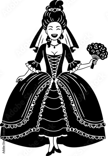 Elegant Bride with Bouquet in Ornate Gown Illustration