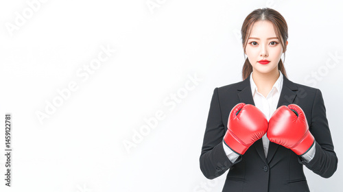 Empowered and ready a confident businesswoman in boxing gloves ready to fight for success in the corporate arena