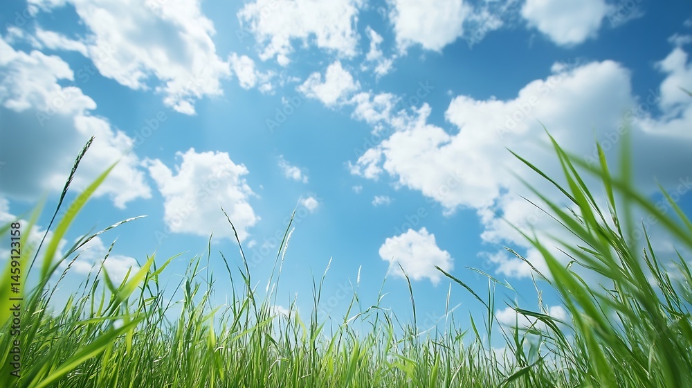 Fototapeta premium Vibrant green grass blades reaching towards a bright, sunny sky filled with fluffy white clouds, a picturesque summer scene. : Generative AI