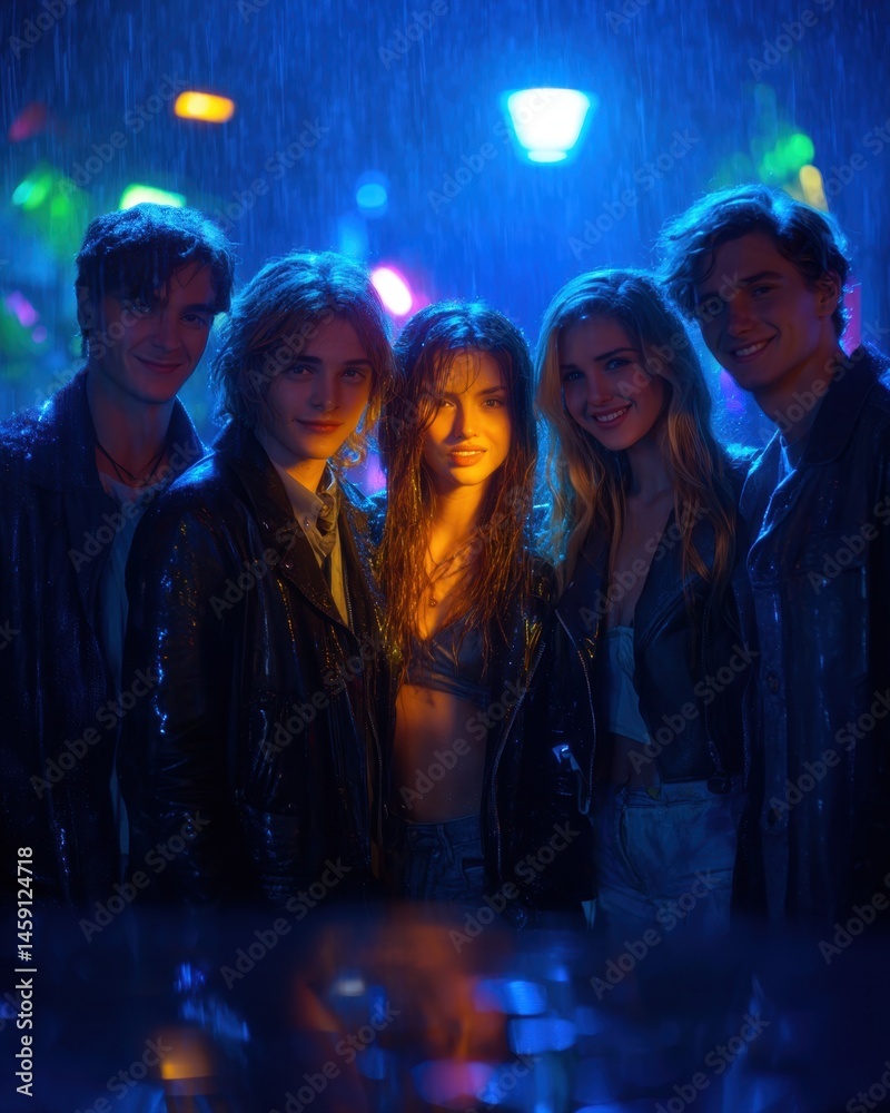 Obraz premium Young adults in leather jackets standing outdoors in heavy rain with colorful lights in background