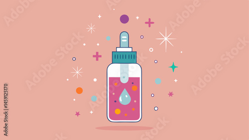 Exosomes in a Serum An aesthetic representation of a skincare serum bottle with exosomes illustrated inside emanating healing energy.