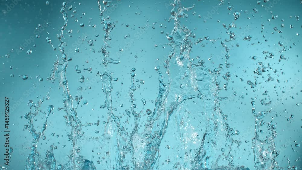 Slow motion of splashing water on light blue background , filmed on high speed cinematic camera at 1000 FPS Slow motion of splashing water on light blue background , filmed on high speed cinematic camera at 1000 FPS