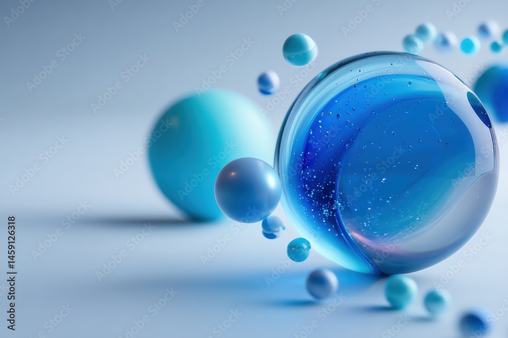Abstract blue spheres of various sizes float in a minimal, soft-focus environment, creating a futuristic and serene visual effect.