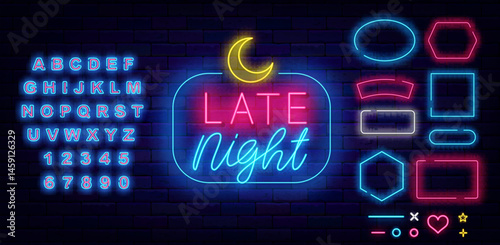 Late night neon emblem. Dark evening sale and party. Glowing sign. Shiny blue alphabet. Vector stock illustration
