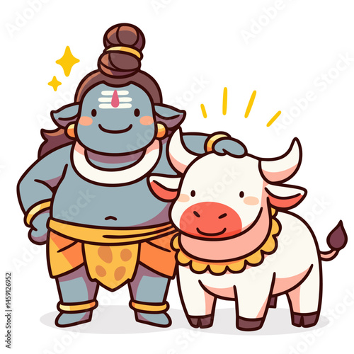 Happy god Shiva with Nandi bull, doodle cartoon character, kawaii isolated cute clean and simple vector illustration