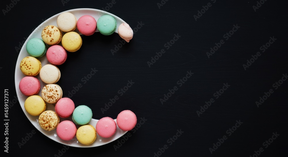 Obraz premium Colorful Macarons Arranged in a Crescent Moon Shape on a Dark Background: A Delightful Pastry Display