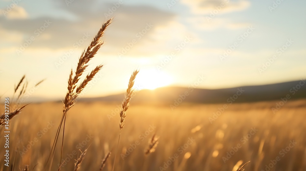 Fototapeta premium Golden wheat stalks illuminated by the setting sun in a vast field, creating a serene and peaceful landscape at sunset. : Generative AI