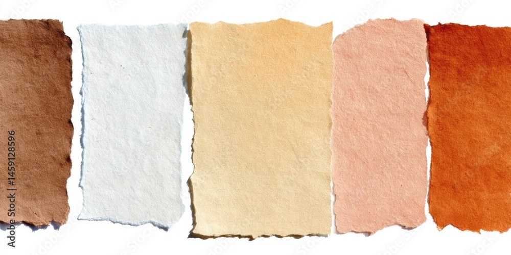 Fototapeta premium Torn colored paper textures displaying various warm tones in vertical alignment