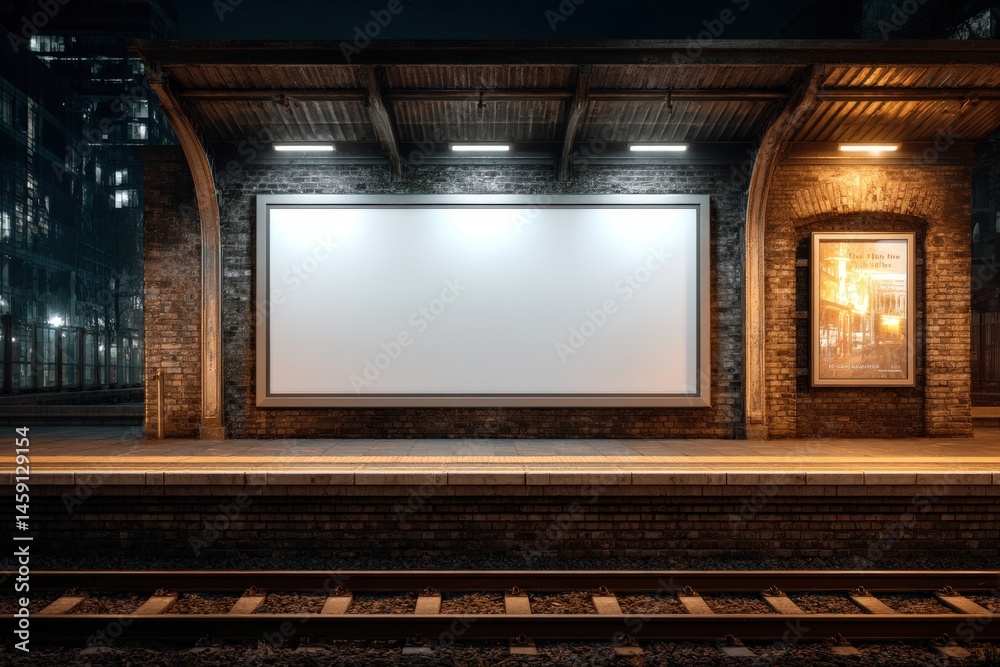 Empty billboard at a dimly lit train station platform at night, surrounded by brick walls and illuminated signs.