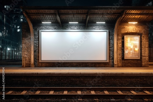 Obraz na płótnie Empty billboard at a dimly lit train station platform at night, surrounded by brick walls and illuminated signs. w salonie