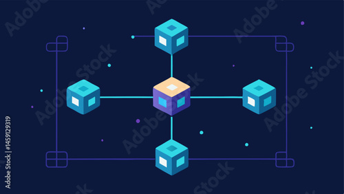 Digitized Ledger An illustration of a blockchain represented as a series of connected blocks with glowing nodes with a smart contract icon emerging from the chain symbolizing