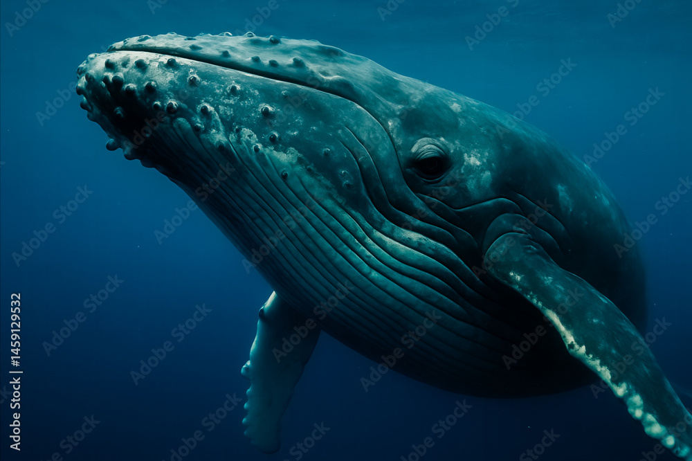 Majestic humpback whale swimming in deep blue ocean