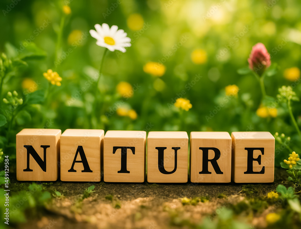Wooden Blocks Spelling Nature Surrounded by Wildflowers