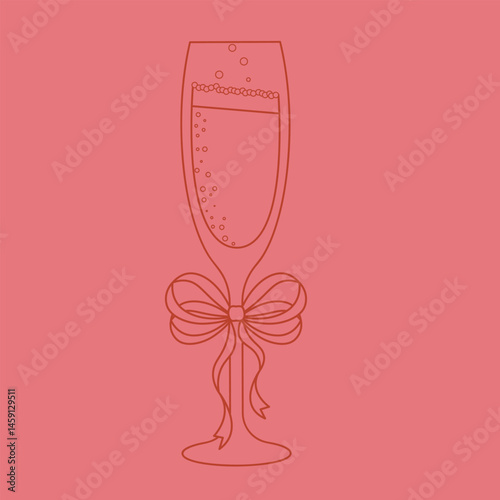 Vector hand-drawn illustration of a champagne glass with a ribbon, featuring coquette borders in a vintage style. Perfect for elegant packaging, festive invitations, romantic designs