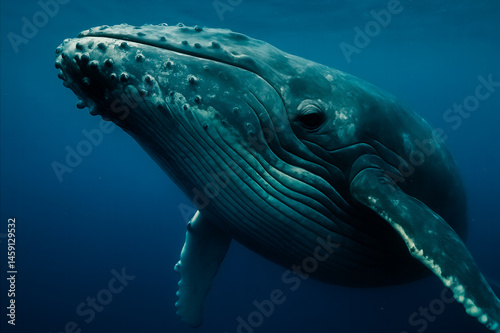 Obraz na płótnie Majestic humpback whale swimming in deep blue ocean w salonie