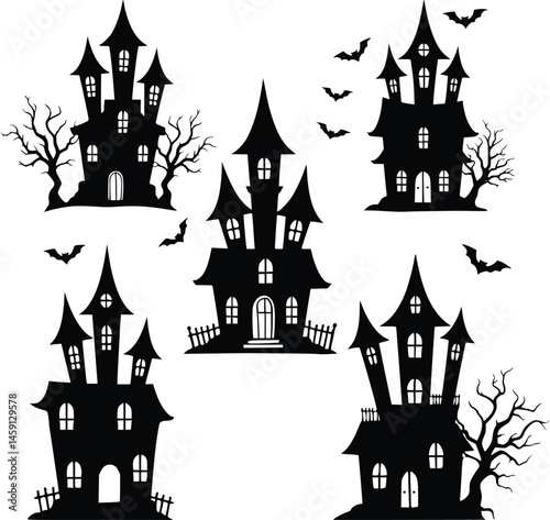 Haunted house silhouettes with eerie pointed roofs, leafless trees, and flying bats