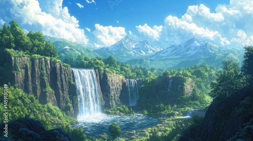 Mountain landscape with a waterfall and blue sky. 3d rendering