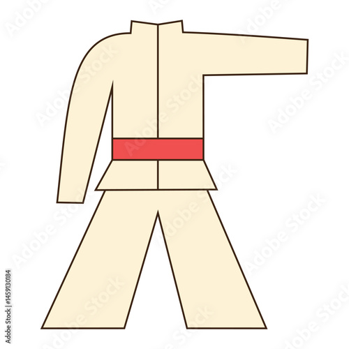Cream colored outfit with red belt and structured fit.