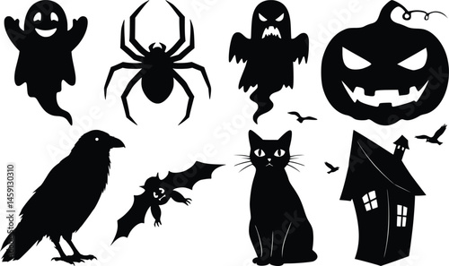 Halloween silhouettes featuring playful ghosts, eerie spider, carved pumpkin, raven, bat, black cat, and haunted house