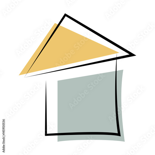 Modern abstract house with yellow roof and blue wall.