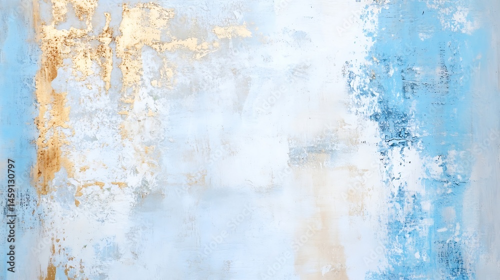 Fototapeta premium Abstract textured art painting in pale blue, beige, and gold hues, featuring distressed and layered effects, ideal for backgrounds or design projects. : Generative AI