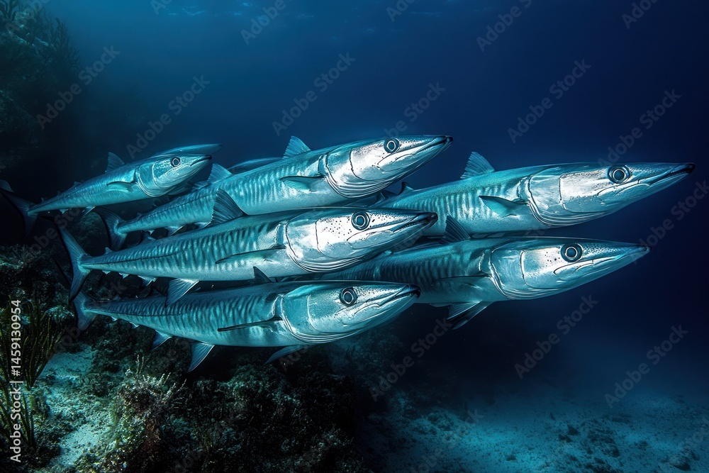 Fototapeta premium Fearsome Barracuda School Hunting in Deep Blue Waters